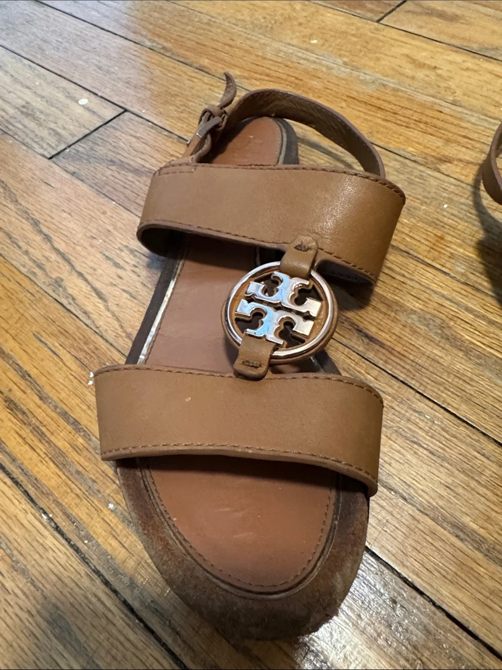 Tory Burch Tan Leather Double-Strap Sandals with Logo Medallions